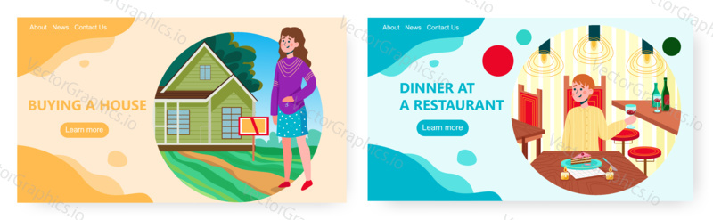Wellbeing and happiness. Landing page design, website banner template set, flat vector illustration. Happy woman buying house and happy man having dinner at restaurant.
