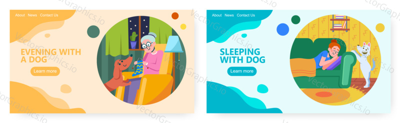 Retiree lifestyle landing page design, website banner template set, flat vector illustration. Lonely seniors, female characters sleeping, spending time with dogs. Pet love and companionship.