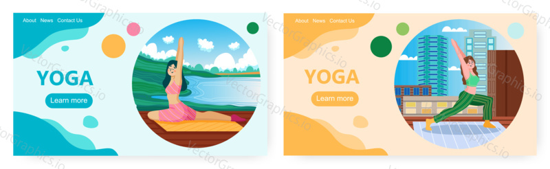 Yoga landing page design, website banner template set, flat vector illustration. People enjoying home, outdoor yoga classes, doing stretching exercises. Wellness, healthy life, mind and body practice.