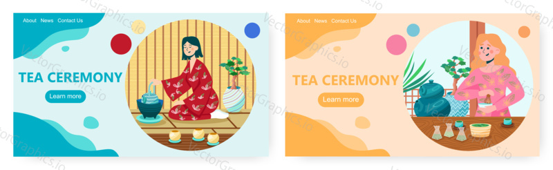 Дизайн целевой страницы чайной церемонии, набор шаблонов баннеров веб-сайта, плоская векторная иллюстрация. Женские персонажи заваривают вкусный чай для церемонии. Азиатская культура и традиции.