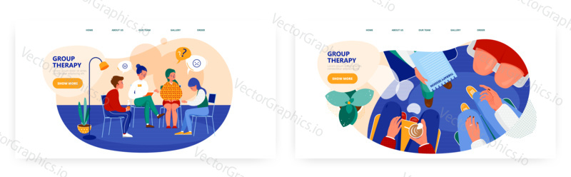 Group therapy landing page design, website banner template set, flat vector illustration. Doctor psychologist talking to group of people having mental health problems. Psychotherapy session counseling