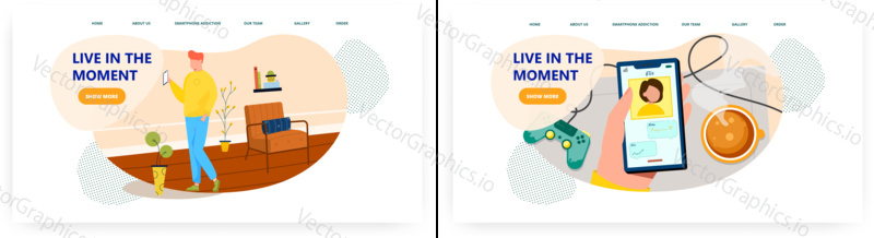 Live in the moment, landing page design, website banner template set, flat vector illustration. Young couple chatting via smartphone. Virtual relationship, online dating, communication.
