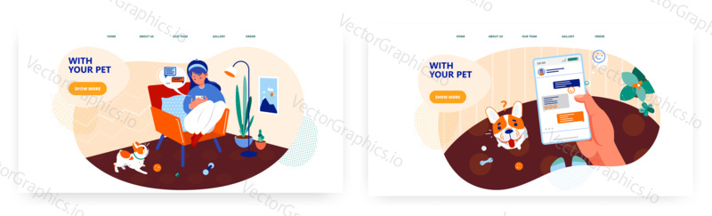 Social media addiction, landing page design, website banner template set, flat vector illustration. Girl chatting on social networks paying no attention to the dog. Live communication problem with pet
