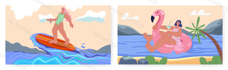 Tropical beach landing page design, website banner template set, flat vector illustration. Happy women sunbathing on inflatable flamingo, drinking cocktail, surfing. Beach water activities, recreation
