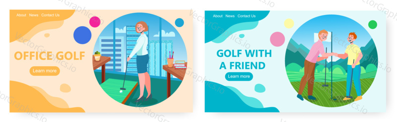 Golf sport landing page design, website banner template set, flat vector illustration. People playing golf in office and on green lawn with best friend. Sport and healthy lifestyle.
