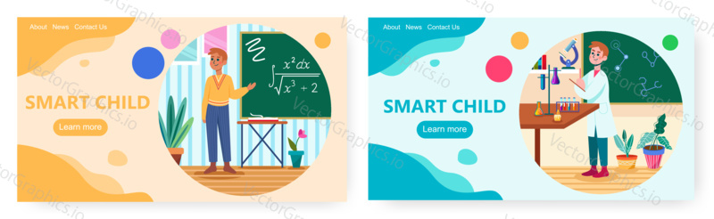 Smart child landing page design, website banner template set, flat vector illustration. Clever children studying maths and chemistry. Smart kids education club.