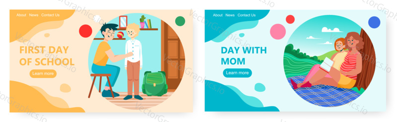 Kids week planner landing page design, website banner template set, flat vector illustration. First school day, day with mom. Daily schedule, timetable.