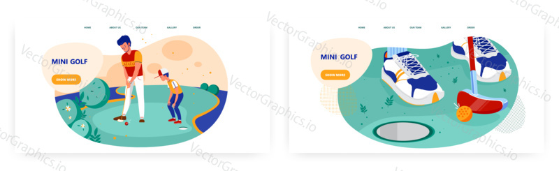 Mini golf landing page design, website banner template set, flat vector illustration. Father teaching his son to play golf on green lawn. Sport equipment. Active family leisure. Outdoor sport.