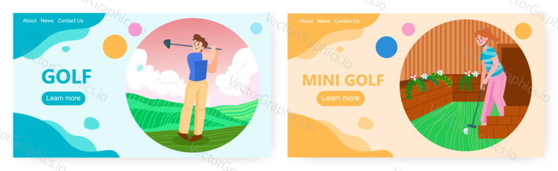 Golf sport landing page design, website banner template set, flat vector illustration. Man and woman playing golf, hitting ball with club on green lawn and indoors. Active and healthy lifestyle.