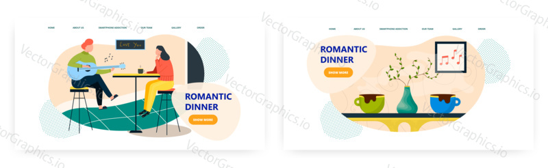 Romantic dinner landing page design, website banner template set, flat vector illustration. Happy couple sitting at table together at home, drinking tea, playing guitar. Romantic dating, relationship.