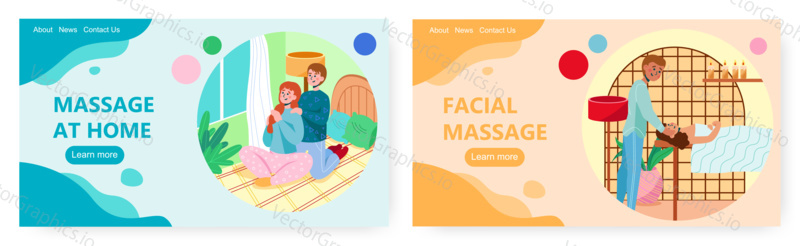 Massage therapy landing page design, website banner template set, flat vector illustration. Female cartoon characters getting spa salon facial and home massage. Skin and body care, relaxation.