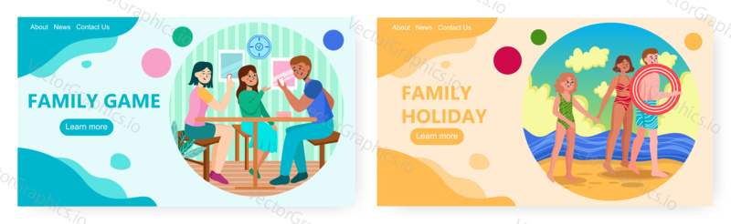 Family leisure landing page design, website banner template set, flat vector illustration. Happy family playing home board game and taking rest on beach. Parents with children spending time together.