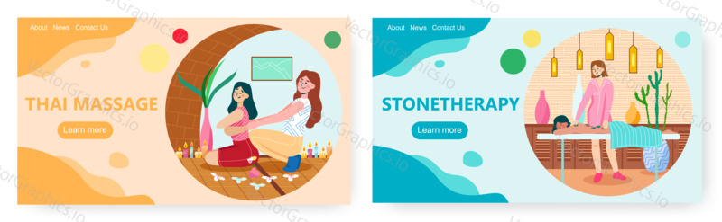 Дизайн целевой страницы массажной терапии, набор шаблонов баннеров веб-сайта, плоская векторная иллюстрация. Лечебный тайский массаж, процедуры горячей стоунтерапии. Спа-салон wellness salon.