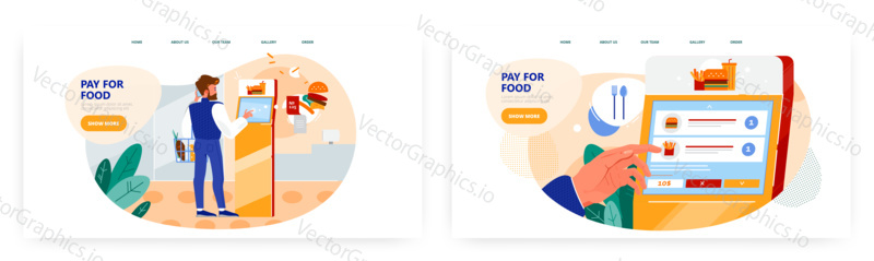 Pay for food, landing page design, website banner template set, flat vector illustration. Fast food restaurant self ordering kiosk. Self service technologies.