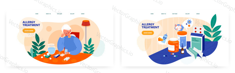 Allergy treatment landing page design, website banner template set, flat vector illustration. Woman having allergy symptoms. Pharmacy therapy.