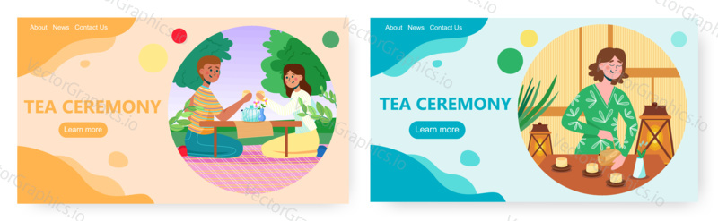 Дизайн целевой страницы чайной церемонии, набор шаблонов баннеров веб-сайта, плоская векторная иллюстрация. Женщина заваривает вкусный чай для церемонии, симпатичная парочка сидит на полу с чашками. Азиатская культура и традиции.