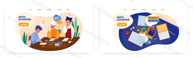 Math olympiad landing page design, website banner template set, flat vector illustration. Talented school children passing mathematical test. Mathematics competition for students.