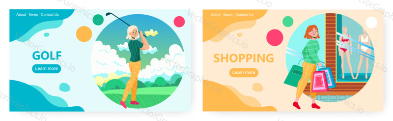 Гольф и шоппинг, дизайн целевой страницы, набор шаблонов баннеров веб-сайта, плоская векторная иллюстрация. Счастливые женщины играют в гольф и делают покупки. Благополучие, позитивное состояние здоровья и счастья.