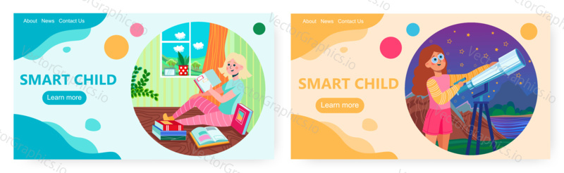 Smart child landing page design, website banner template set, flat vector illustration. Clever children reading books, studying astronomy. Smart kids education club, intellectual development.