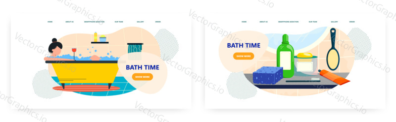 Bath time landing page design, website banner template set, flat vector illustration. Young woman taking bath, enjoying home spa procedure. Daily routine.