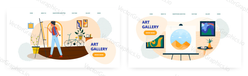 Art gallery landing page design, website banner template set, flat vector illustration. Contemporary art museum, gallery, exhibition of paintings. Female artist drawing picture.