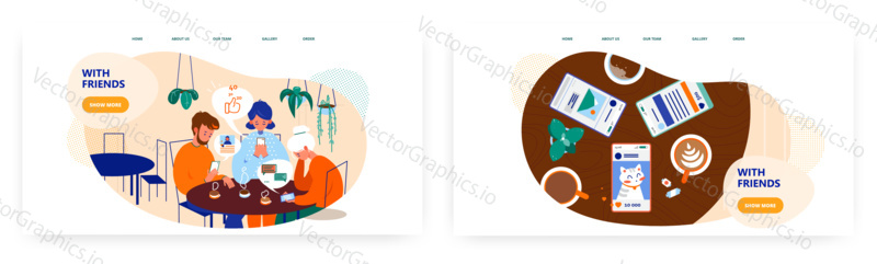 Social media addiction, landing page design, website banner template set, flat vector illustration. People sitting in cafe and chatting on social networks. Live communication problems with friends.