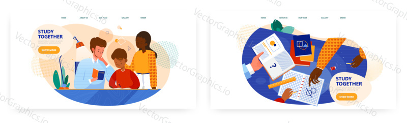 Study together landing page design, website banner template set, flat vector illustration. Father and mother helping their son to do homework. Happy multicultural family relationship, parenting.