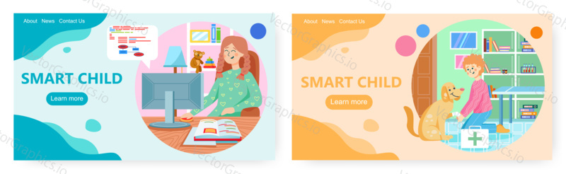 Smart child landing page design, website banner template set, flat vector illustration. Cute kids reading books, using computer, helping dog putting bandage on injured paw. Child development.