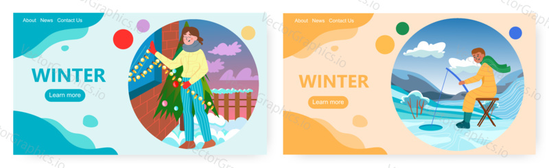 Winter landing page design, website banner template set, flat vector illustration. Happy girl decorating house window with garland, man ice fishing. Outdoor winter activities.