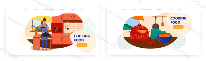 Cooking food landing page design, website banner template set, flat vector illustration. Home kitchen interior, cooking ingredients. Happy woman, housewife preparing dinner. Culinary class.