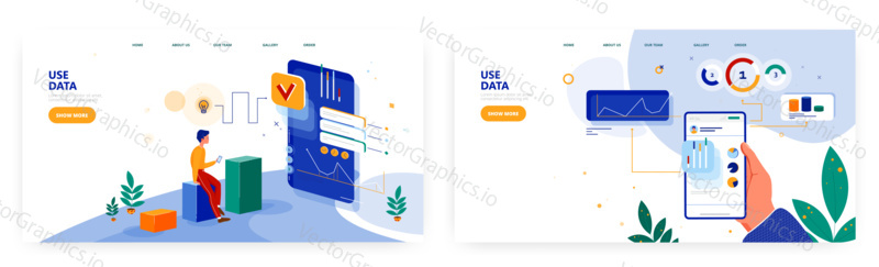 Use data landing page design, website banner template set, flat vector illustration. Businessman analysing data and dashboards on mobile phone. Business analytics mobile app, financial report.