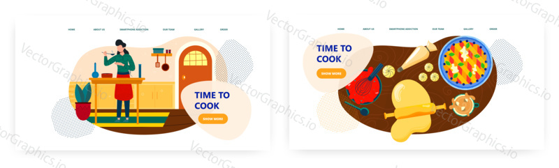 Time to cook landing page design, website banner template set, flat vector illustration. Woman preparing food in kitchen. Cooking classes, culinary courses.