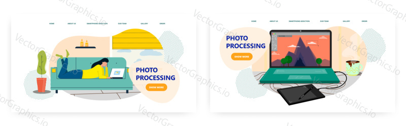 Photo processing landing page design, website banner template set, flat vector illustration. Quality photography retouching, digital photo editing service.