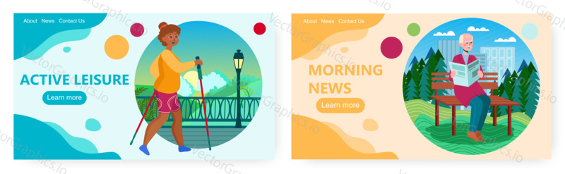 Retiree lifestyle landing page design, website banner template set, flat vector illustration. Senior people reading newspaper, practicing nordic walking in city park. Happy and active retirement.