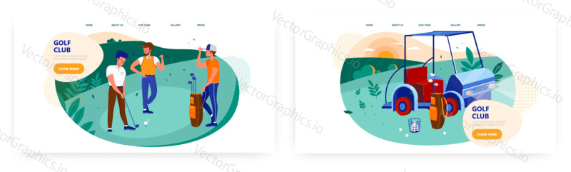 Golf club landing page design, website banner template set, flat vector illustration. Golf car, players and helper standing on green lawn with sport equipment such as club, ball. Golfing school, hobby