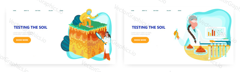 Soil testing landing page design, website banner template set, flat vector illustration. Soil quality testing process. People taking soil samples and making research in lab. Agriculture, ecology.