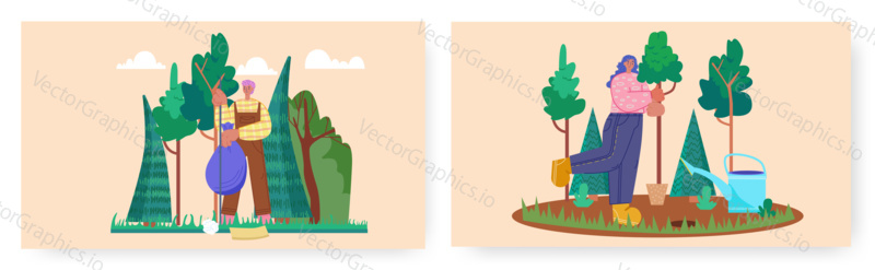 Ecology, landing page design, website banner template set, flat vector illustration. Happy people, volunteers collecting garbage and planting trees in city park. Nature protection, volunteering.
