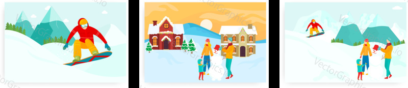 Winter time landing page design, website banner template set, flat vector illustration. Family holidays. People snowboarding, making snowman. Winter sport, recreation and active leisure.