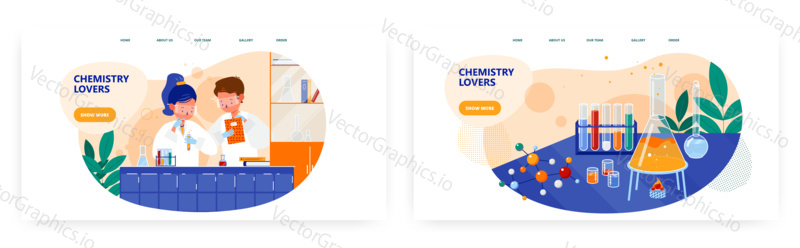 Chemistry lovers landing page design, website banner template set, flat vector illustration. Students, boy and girl conducting experiment in school lab. Chemistry club. Knowledge, science, education.