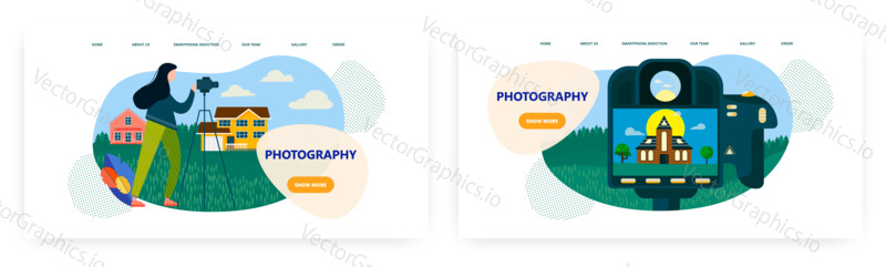Photography landing page design, website banner template set, flat vector illustration. Female photographer taking photo of house with professional camera. Photography classes, courses, services.