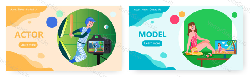 Green screen technology landing page design, website banner template set, flat vector illustration. Actor and model. Video, film production with green screen or chroma key background in studio.