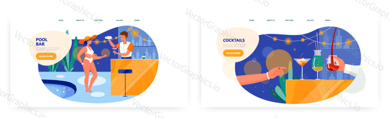 Pool bar landing page design, website banner template set, flat vector illustration. Barman preparing fresh cocktail for young woman in hat and swimsuit. Pool party. Summer beach vacation.
