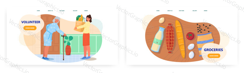 Volunteer landing page design, website banner template set, flat vector illustration. Female volunteer giving bag with groceries to senior woman. Food delivery, caring for elderly. Social help support