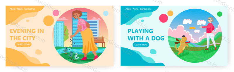 Retiree lifestyle landing page design, website banner template set, flat vector illustration. Happy senior women feeding bird and playing with dog in city park. Retirement active leisure.