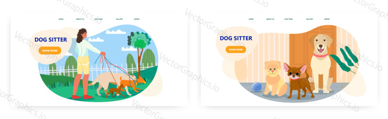Dog sitter, pet walker landing page design, website banner template set, flat vector illustration. Female volunteer, pet lover walking puppies in city park. Pet sitting job.
