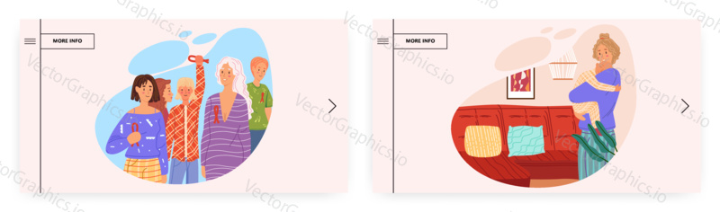 Борьба с раком, дизайн целевой страницы, набор шаблонов баннеров веб-сайта, плоская векторная иллюстрация. Группа женщин с розовыми лентами, мать держит больного раком маленького сына на руках.