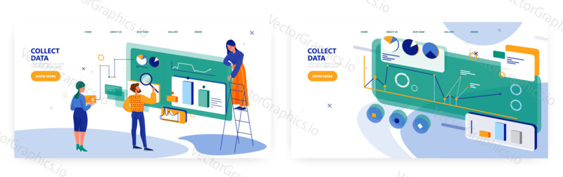 Collect data landing page design, website banner template set flat vector illustration. People searching information for making financial report. Business strategy, data analysis, statistics, auditing