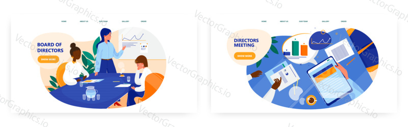 Directors board meeting landing page design, website banner template set, flat vector illustration. Business project presentation, conference.