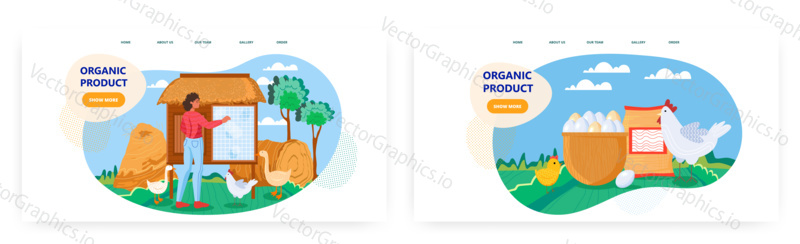 Organic product landing page design, website banner template set, flat vector illustration. Female farmer working on poultry farm. Domestic fowl, chickens, geese raised for meat and eggs. Farming.