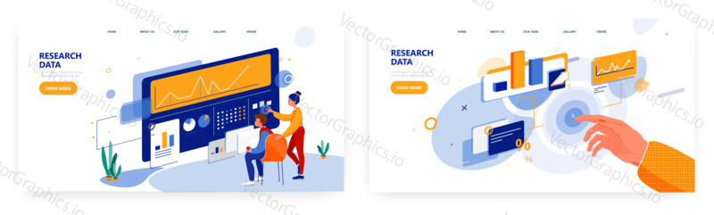 Research data landing page design, website banner template set, flat vector illustration. Business analysts studying, analysing financial information interacting with graphs. Data analysis, statistics